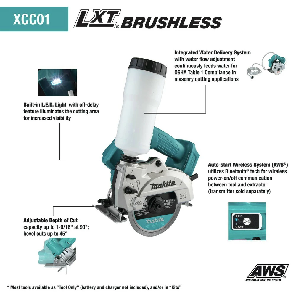 Makita XCC01Z 18V LXT AWS Capable Brushless Lithium-Ion 5 In. Cordless Wet/Dry Masonry Saw (Tool Only) 4 Makita XCC01Z 18V LXT AWS Capable Brushless Lithium-Ion 5 In. Cordless Wet/Dry Masonry Saw (Tool Only) - Image 2