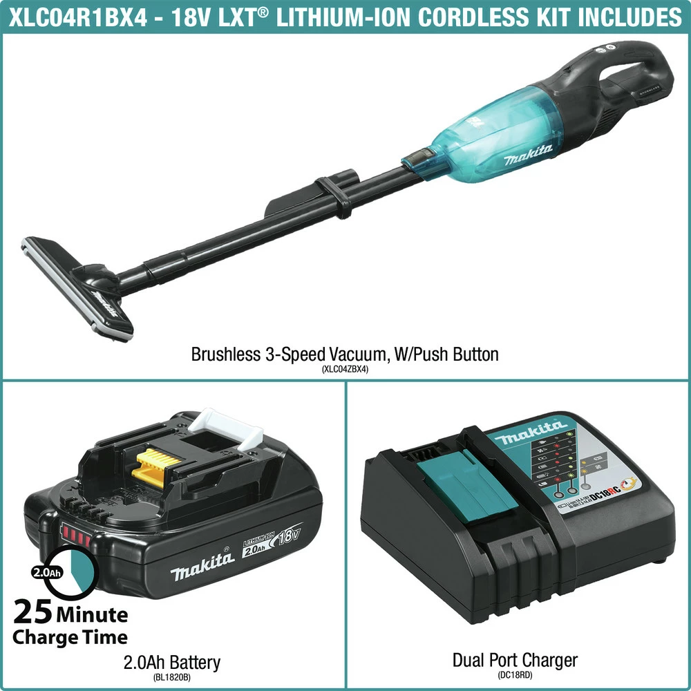 Makita XLC04R1BX4 18V LXT Lithium-ion Compact Brushless Cordless 3-Speed Vacuum Kit With Push Button (2 Ah) 4 Makita XLC04R1BX4 18V LXT Lithium-ion Compact Brushless Cordless 3-Speed Vacuum Kit With Push Button (2 Ah) - Image 2